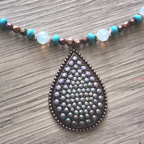 Southwest Beaded Necklace Earrings Set With Vtg Copper Pendant OOAK Handmade 23" - Picture 8 of 11